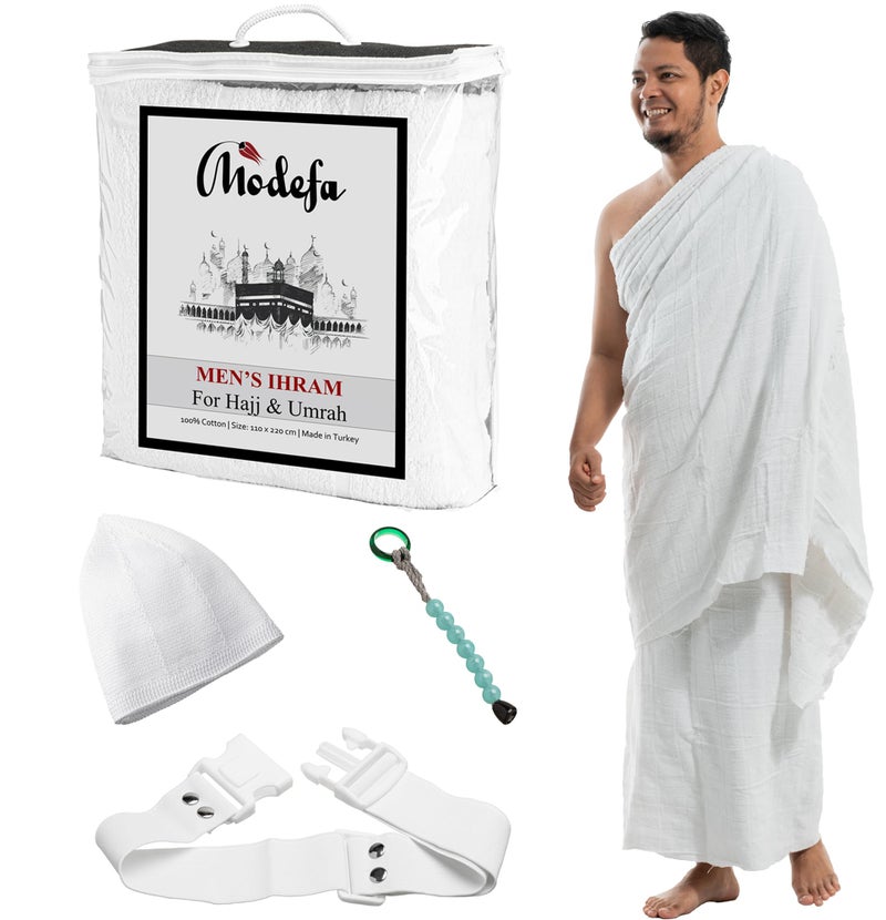 Modefa Islamic Men's Ihram Towel Set for Hajj Umrah - 2 Piece Set - 110 x 220, 100% Cotton - Combo with Belt, Kufi and Tawaf Beads - Image 1